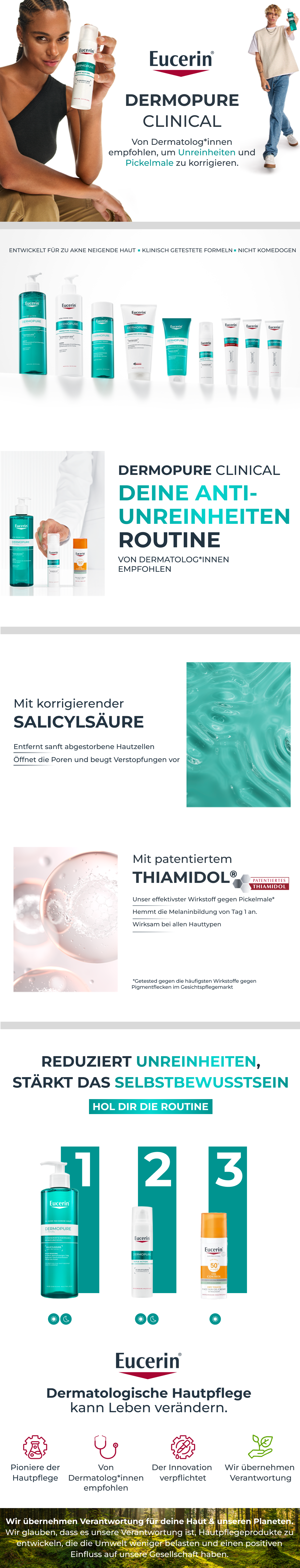 Verschiedene Eucerin Dermopure Produkte. Text: Dermopure Clinical, entwickelt für zu Akne neigende Haut.